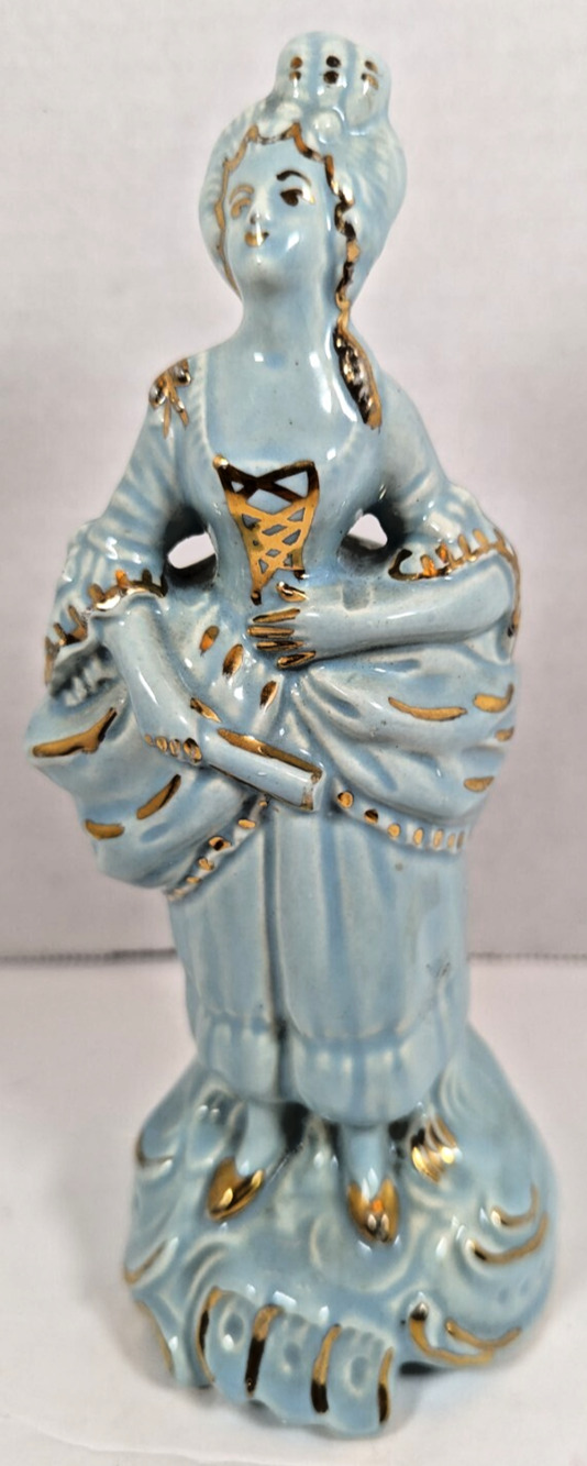 Vintage Light Blue Porcelain Victorian Lady Figurine With Gold Trim 7 1/2"